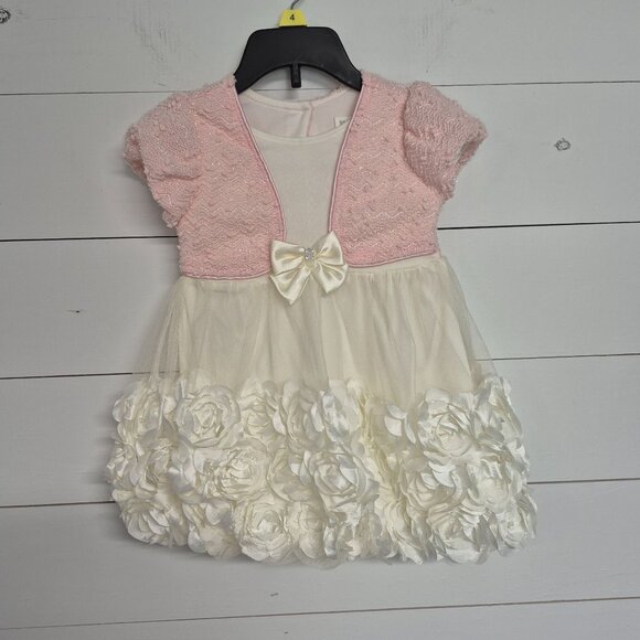 Nanette Baby Other - Nanette Baby Girls Pink & Ivory Dress 24M With Floral Rosette Skirt & Bow Accent